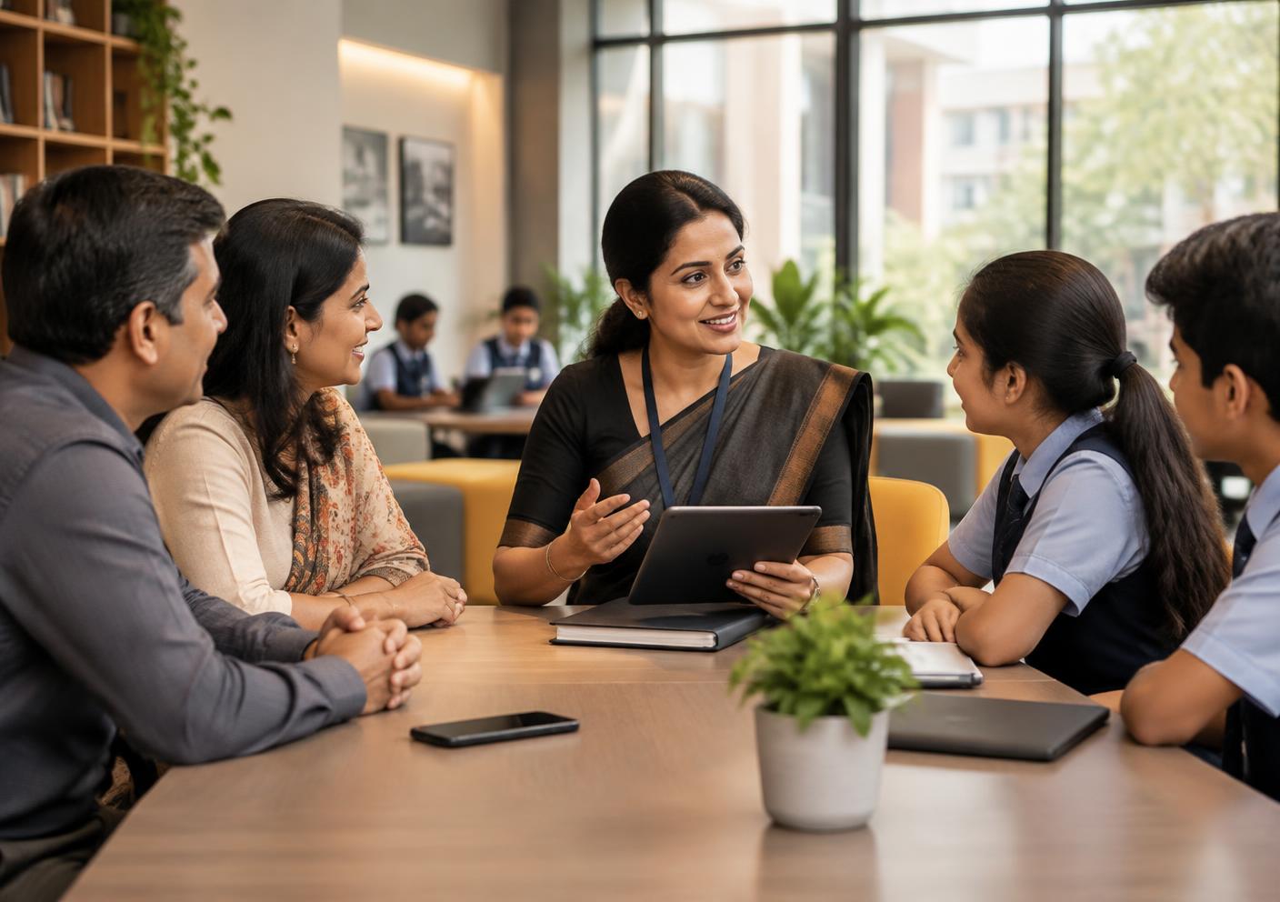 Teacher meeting with parents and students in a connected campus