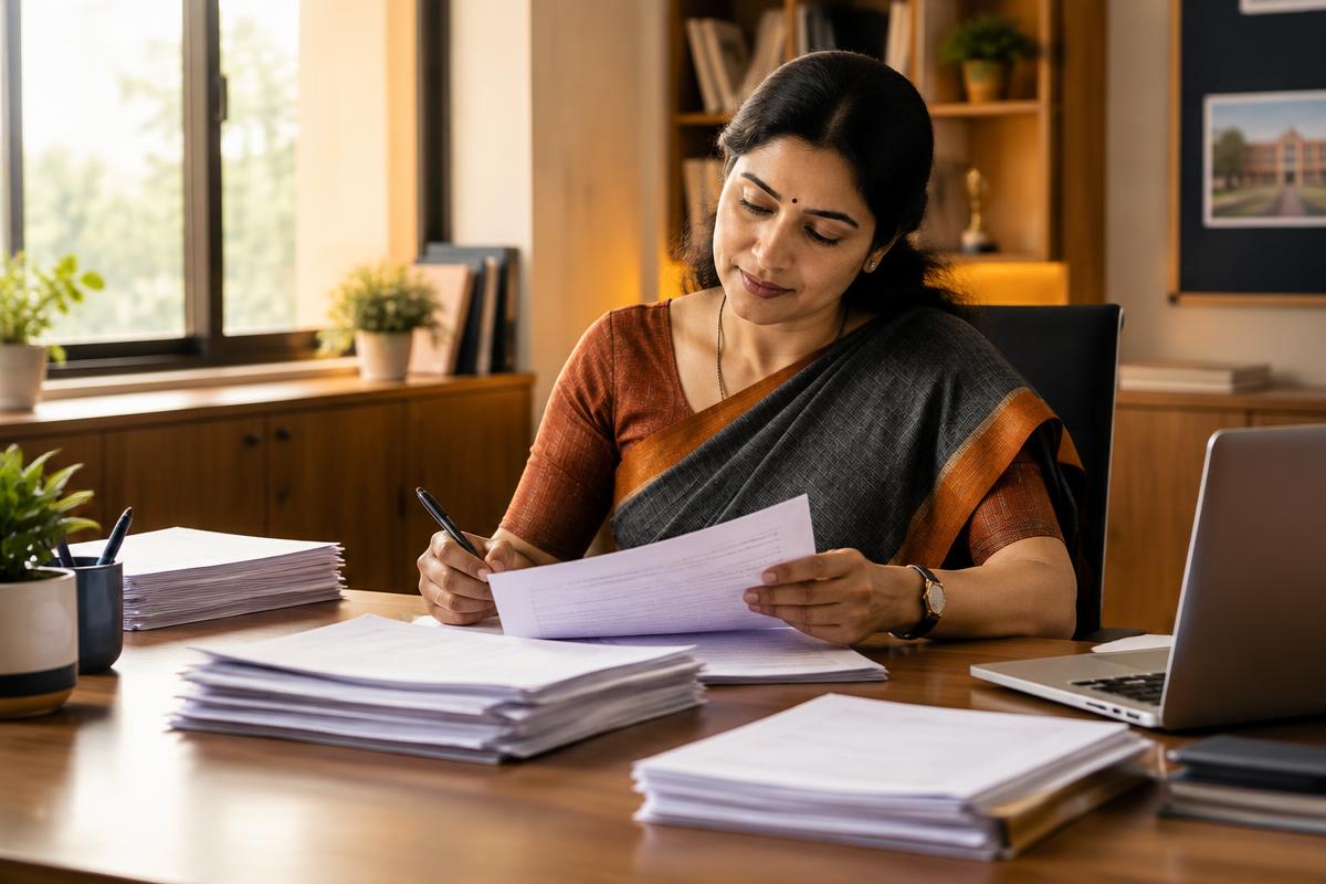 Teacher reviewing examination records