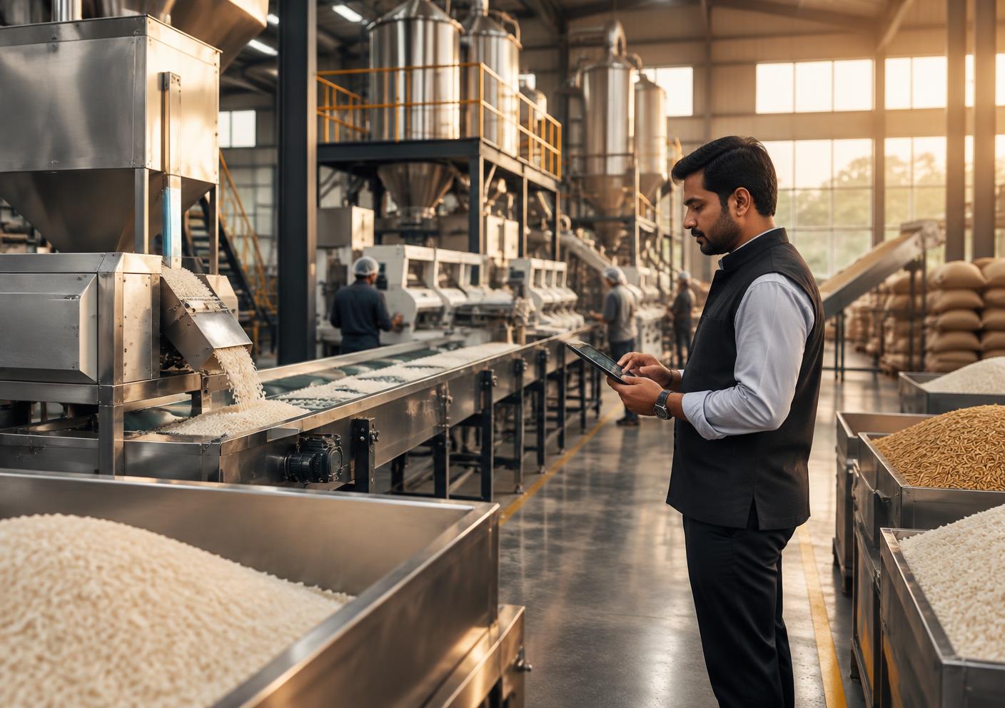Modern rice mill manager monitoring production with a tablet